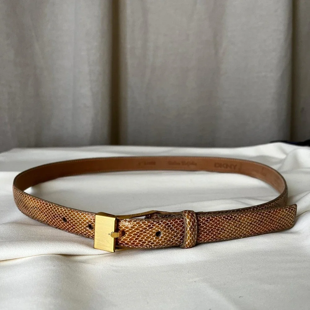 DKNY Italian Calfskin Snakeskin Belt XL Tan‎ Minimal Gold Buckle